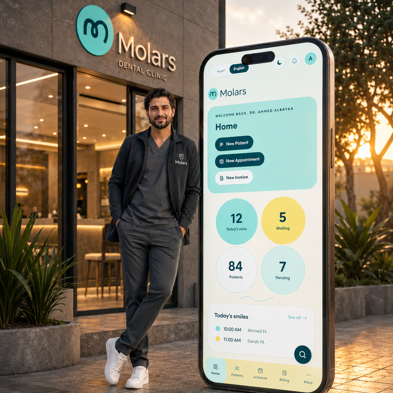 Doctor standing outside clinic with Molars on his phone